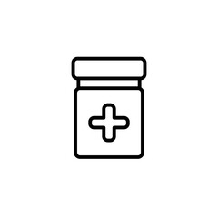 Medicine bottle or vial with cross black icon. Pharmacy or drug design. Trendy flat isolated symbol, sign for: illustration, outline, logo, mobile, app, emblem, web, dev, site, ui, ux. Vector EPS 10