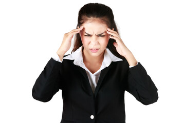Asian woman wearing black suit holding hand Show headache. Businesswoman showing enough symptoms in white background. Concept Tense serious dissatisfied.