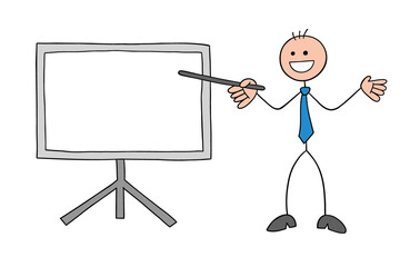 Stickman businessman character happy and in front of the whiteboard and pointing with a stick, vector cartoon illustration