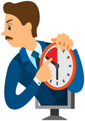 Angry businessman standing, pointing at clock and showing that employee is late. Male boss explains few minutes left until end of term. Strict director shows clock with time to deal with deadline