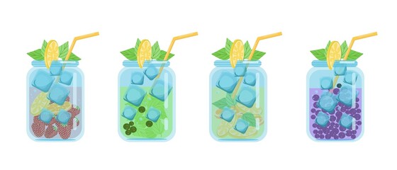 Cocktail drinks.Set of bright juicy fruit cocktails in glass jars, vector illustration in flat style, isolated, cartoon.