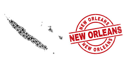 New Orleans scratched seal stamp, and New Caledonia Islands map mosaic of aviation elements. Mosaic New Caledonia Islands map constructed from jet vehicles. Red stamp with New Orleans caption,