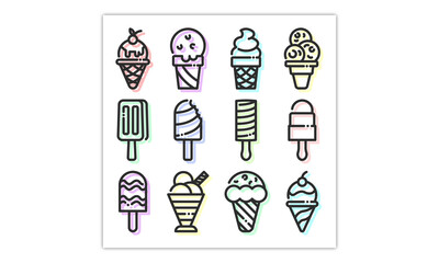 Ice cream flat line icons set. cone ice frozen juice, popsicle, sorbet in bowl vector illustrations.