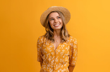 beautiful attractive stylish woman in yellow dress and straw hat