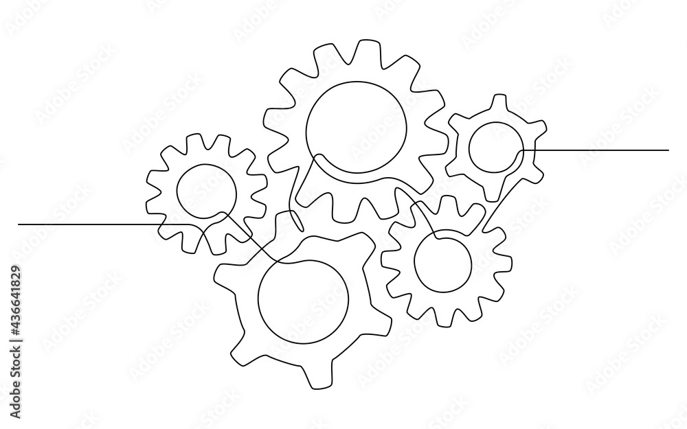 Aufkleber One continuous line illustration of different gears wheels. Five cogwheels in simple lineart style. Editable stroke. Creative concept of business teamwork, development, innovation, process. Vector