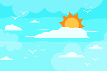 Cartoon image in summer, the sky is full of bright clouds, the shining sun And birds flying in the sky Summer Scenery Background Vector Illustration.