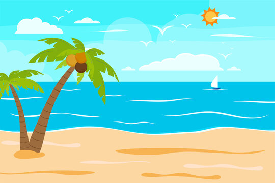 Cartoon summer beach, seaside natural vacation, tropical beach, seaside scenery background vector illustration