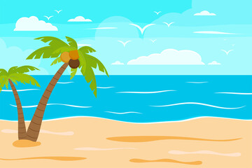 Obraz na płótnie Canvas Cartoon summer beach, seaside natural vacation, tropical beach, seaside scenery background vector illustration