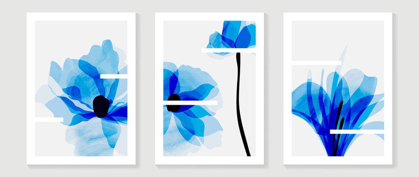 Abstract art blue flower background vector. wall art design with watercolor art texture from floral and botanical flower, x-ray botanical leaves design  Vector illustration.