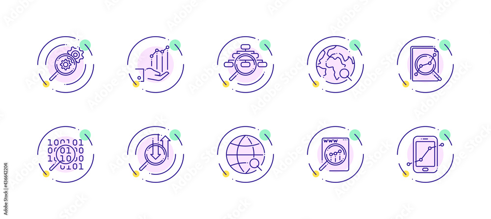Poster 10 in 1 vector icons set related to data analysis theme. violet lineart vector icons
