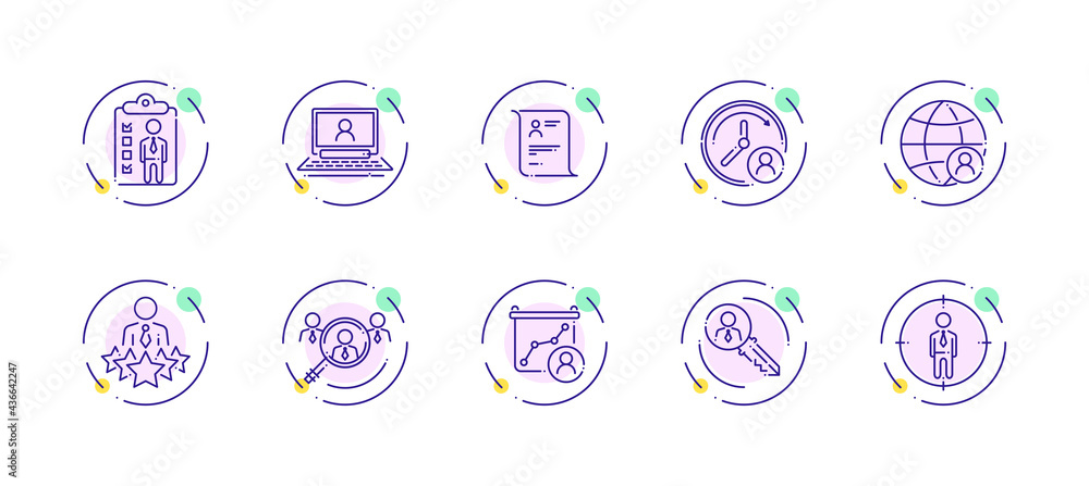 Poster 10 in 1 vector icons set related to human resources theme. violet lineart vector icons