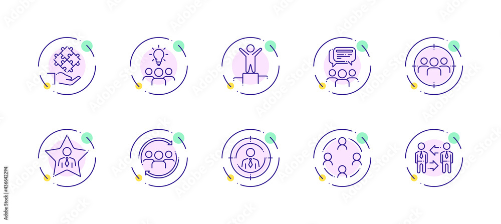 Poster 10 in 1 vector icons set related to team work theme. violet lineart vector icons