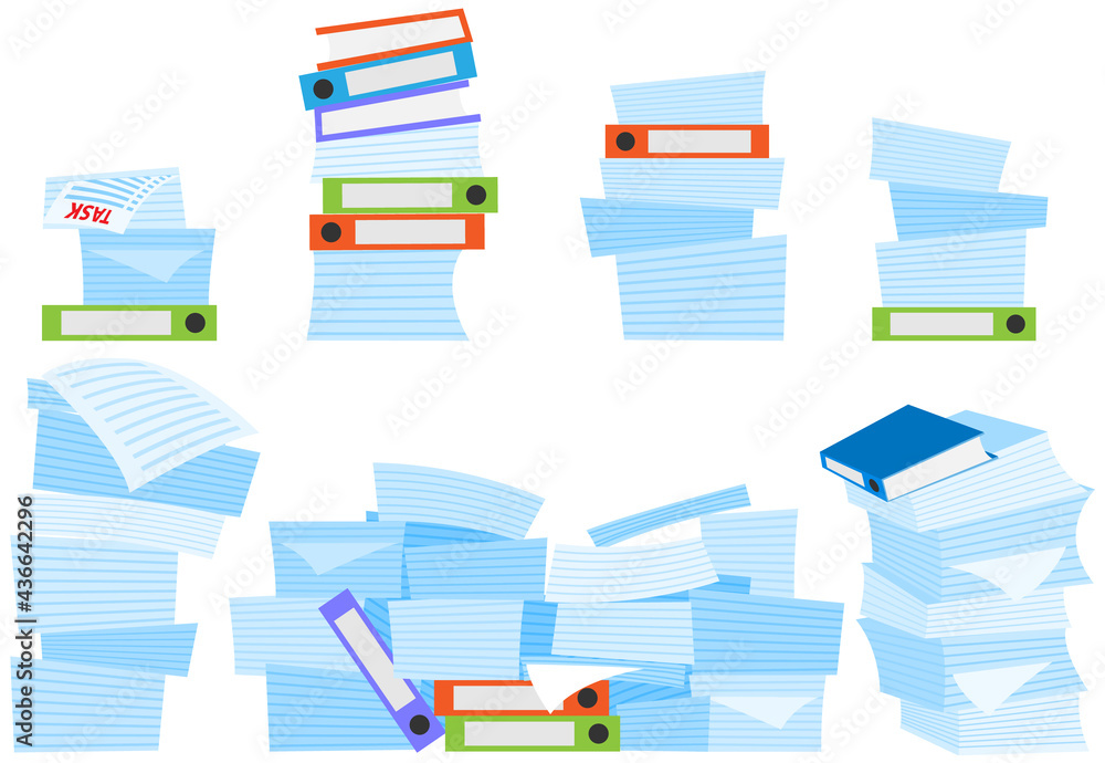 Poster set different stacks of documents isolated on white background. paperwork, work with documents and d
