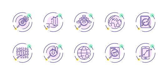 10 in 1 vector icons set related to data analysis theme. Violet lineart vector icons