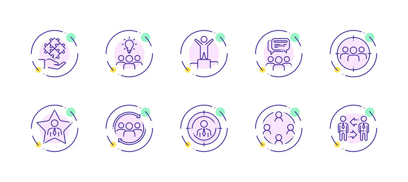 10 in 1 vector icons set related to team work theme. Violet lineart vector icons