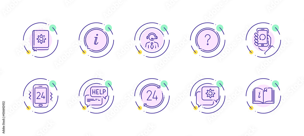 Poster 10 in 1 vector icons set related to help and support theme. violet lineart vector icons