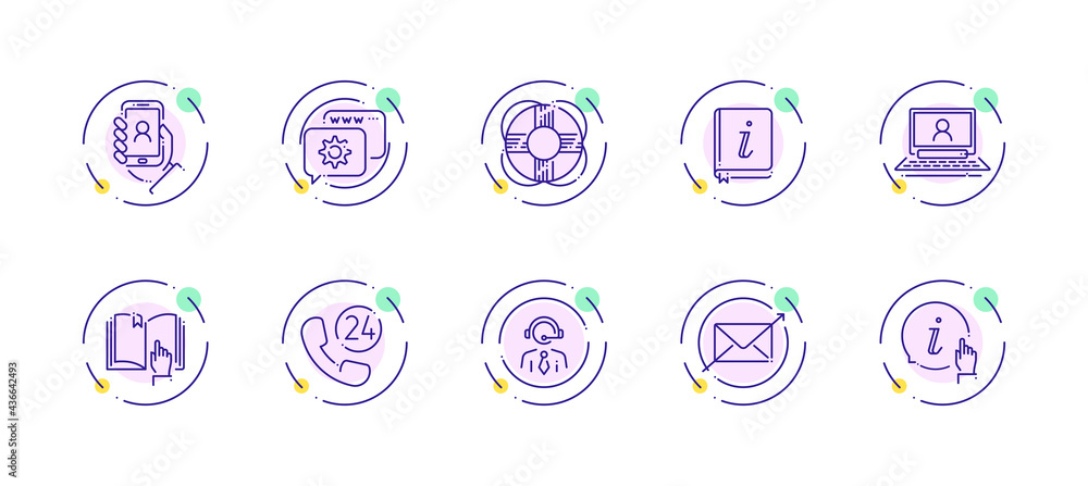Poster 10 in 1 vector icons set related to customer support theme. violet lineart vector icons