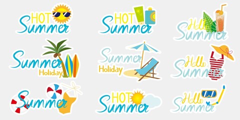 Set of Summer decoration Calligraphies. Sun, Coconut, Surfing, swim wears, parasols, Scuba diving icons decoration with texts. for Card, frame, invitation, banner, web design. Vector illustration.
