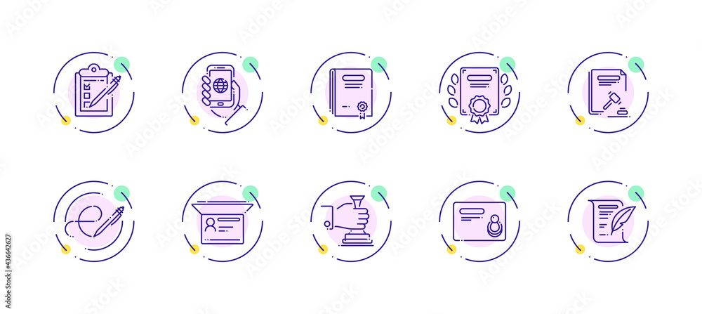 Poster 10 in 1 vector icons set related to official document theme. violet lineart vector icons