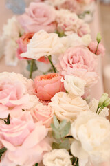 Lush floral arrangement of white and pink fresh flowers