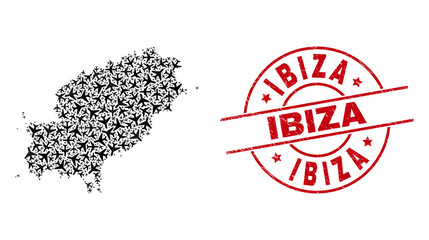 Ibiza distress badge, and Ibiza Island map mosaic of air plane elements. Mosaic Ibiza Island map designed of air force symbols. Red badge with Ibiza word, and grunge rubber texture.