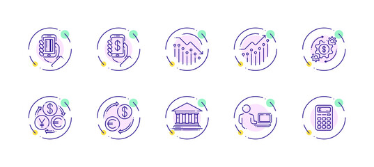 10 in 1 vector icons set related to money trade theme. Violet lineart vector icons