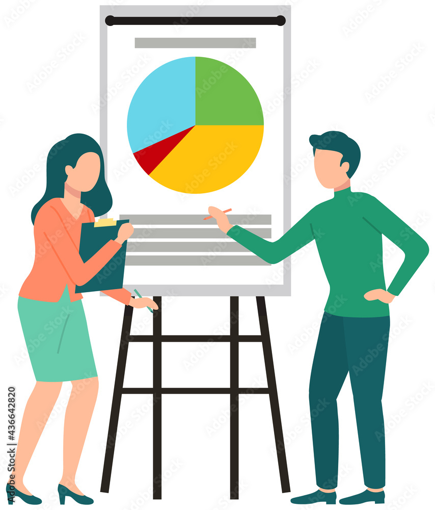 Poster couple discussing financial chart analytics. man and woman brainstorming flipchart statistic diagram