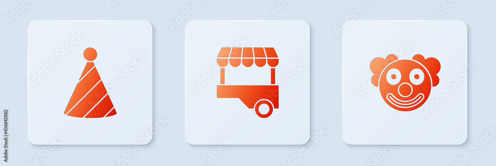 Sticker Set Fast street food cart, Party hat and Clown head. White square button. Vector