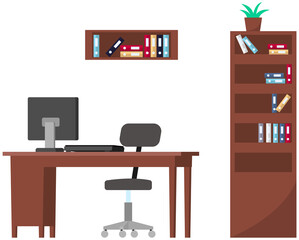 Home or office desk with drawers, wheelchair, computer, filing cabinet with books and folders. Interior design and furniture placement in workplace. Table and furnishing for work of office employee