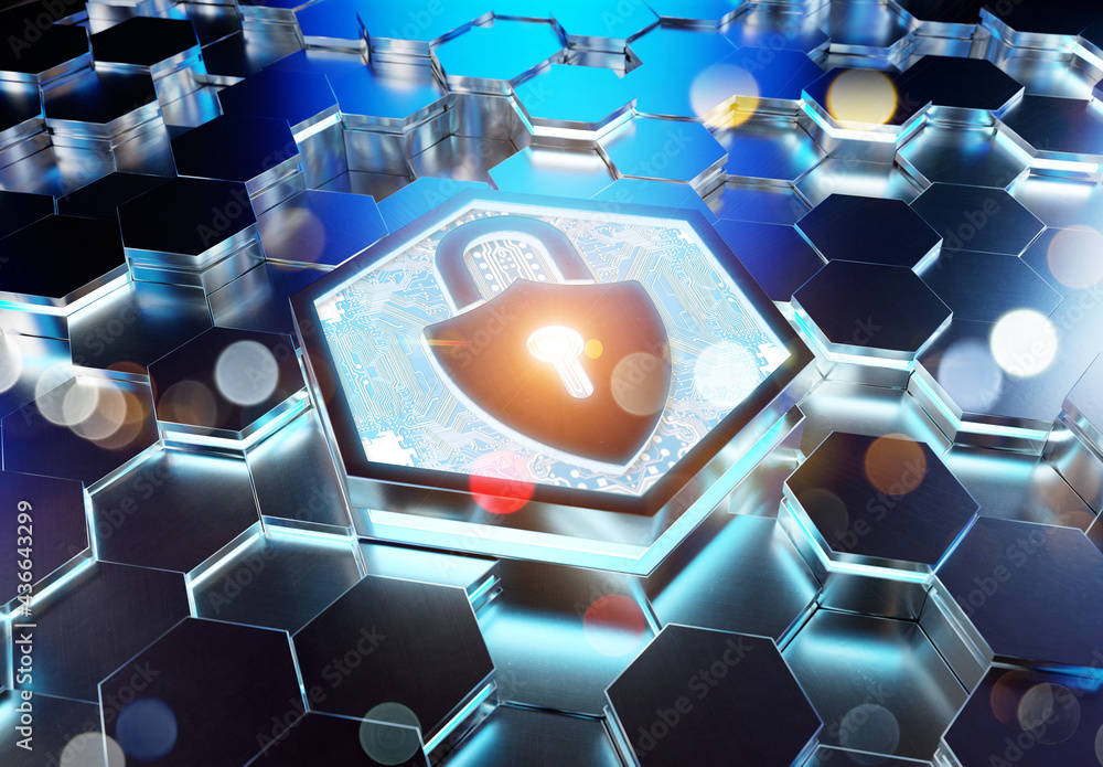 Poster Web security icon concept engraved on metal hexagonal pedestral background. Padlock Logo glowing on abstract digital surface. 3d rendering
