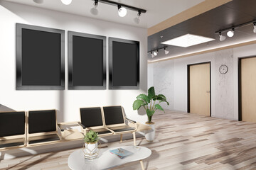 Three vertical frames Mockup hanging in office waiting room. Mock up of billboards in modern concrete interior 3D rendering