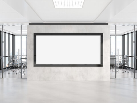 Panoramic frame Mockup hanging on office wall. Mock up of a large billboard in modern company interior 3D rendering