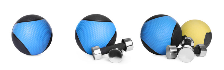 Set with medicine balls and dumbbells on white background. Banner design