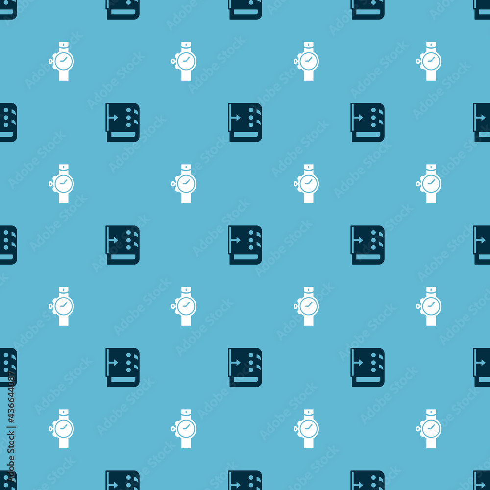 Poster set sound mixer controller and wrist watch on seamless pattern. vector