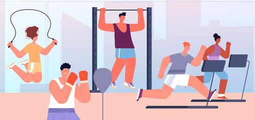People at gym. Flat sport, healthy lifestyle person. Successful training, fitness group sporting. Cardio workout with equipment utter vector illustration