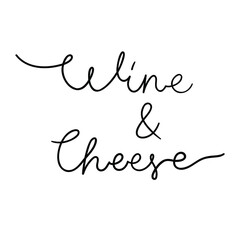 Continuous line drawing text - Wine and Cheese. Minimalist vector lettering isolated on white background for menu, sticker, print, embroidery, etc.