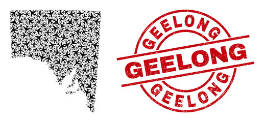 Geelong grunged stamp, and South Australia map collage of jet vehicle elements. Collage South Australia map designed of jet vehicles. Red stamp with Geelong word, and distress rubber texture.