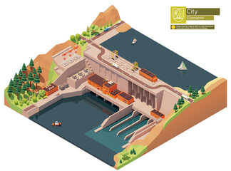Vector isometric hydroelectric power station. Hydro power station dam on the river. Hydroelectric power plant with power lines