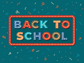 Back to school retro banner. Fun education flyer, restart study sign. Welcome to class, vintage lights bulb frame typography recent vector poster