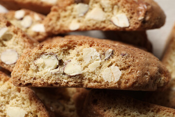Tasty cantucci on table, closeup view. Traditional Italian almond biscuits