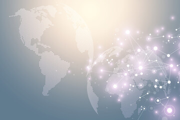 World map point with global technology networking concept. Digital data visualization. Lines plexus. Big Data background communication. Scientific illustration.
