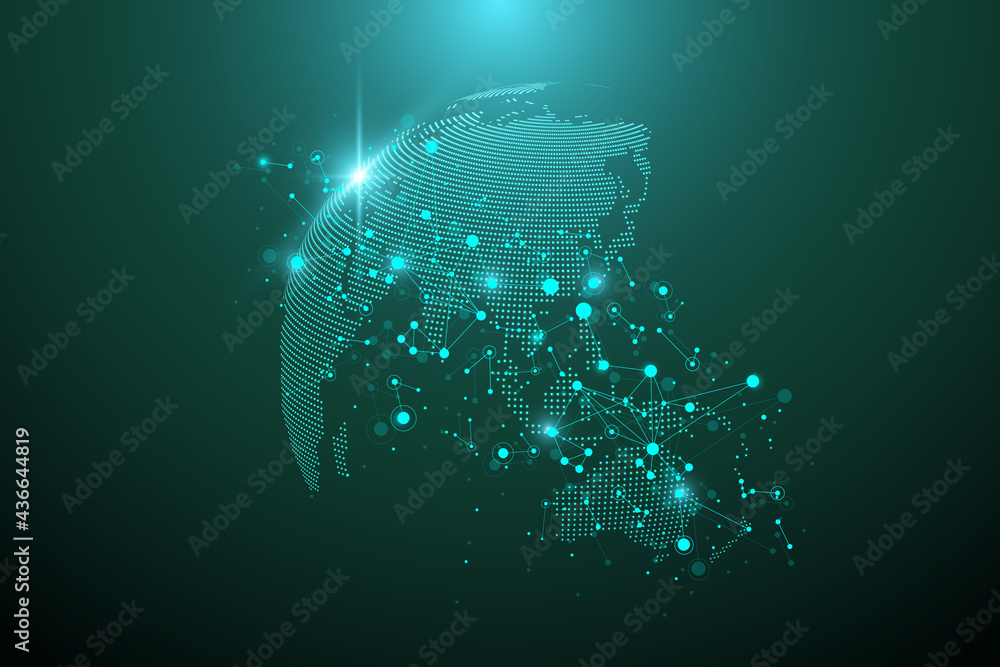 Poster Virtual Graphic Background Communication with World Globe. A sense of science and technology. Digital data visualization, illustration.