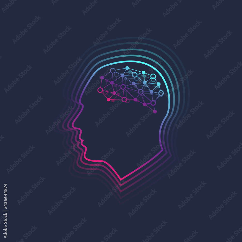 Poster artificial intelligence and machine learning illustration concept. human head outline with brain, il