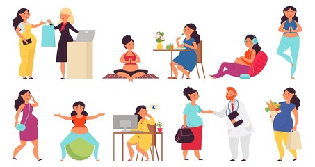 Pregnant woman. Pregnancy time, female waiting baby. Daily routine of future mother. Healthy motherhood, medical maternity doctor decent vector set