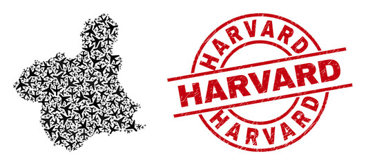 Harvard grunged badge, and Murcia Province map collage of air plane elements. Collage Murcia Province map created with air force symbols. Red watermark with Harvard caption,