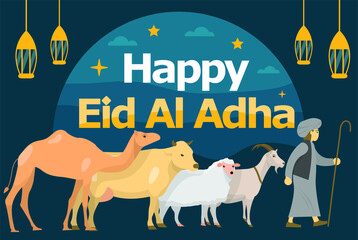 Happy Eid Al Adha Hari Raya Aidiladha Islamic Holiday Shepherd and Animals Illustration Flat Design