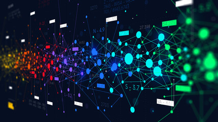 Colored abstract information networks, financial analytics big data, futuristic visualization, monitor screen in perspective
