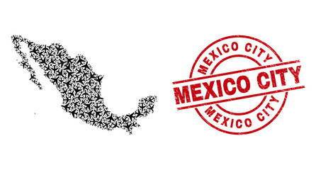 Mexico City distress badge, and Mexico map mosaic of air plane items. Mosaic Mexico map constructed with aircraft. Red badge with Mexico City tag, and distress rubber texture.