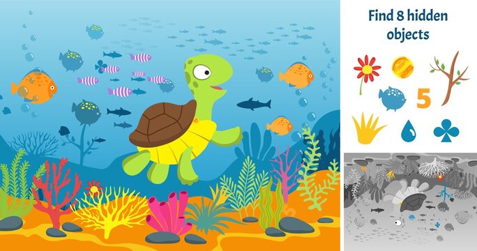 Find hidden objects. Puzzle game kids with fish. Underwater fun brain teaser looking different items. Swimming sea cartoon turtle vector picture