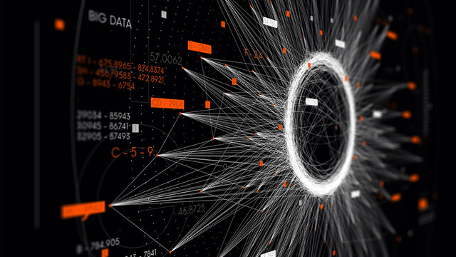 Cluster classification visualization big data stream, database cloud, futuristic technology hub, monitor screen in perspective